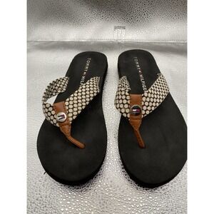 Tommy Hilfiger Polka Dot Logo Slip-On Strappy Black Beige Women's Flip Flop San…